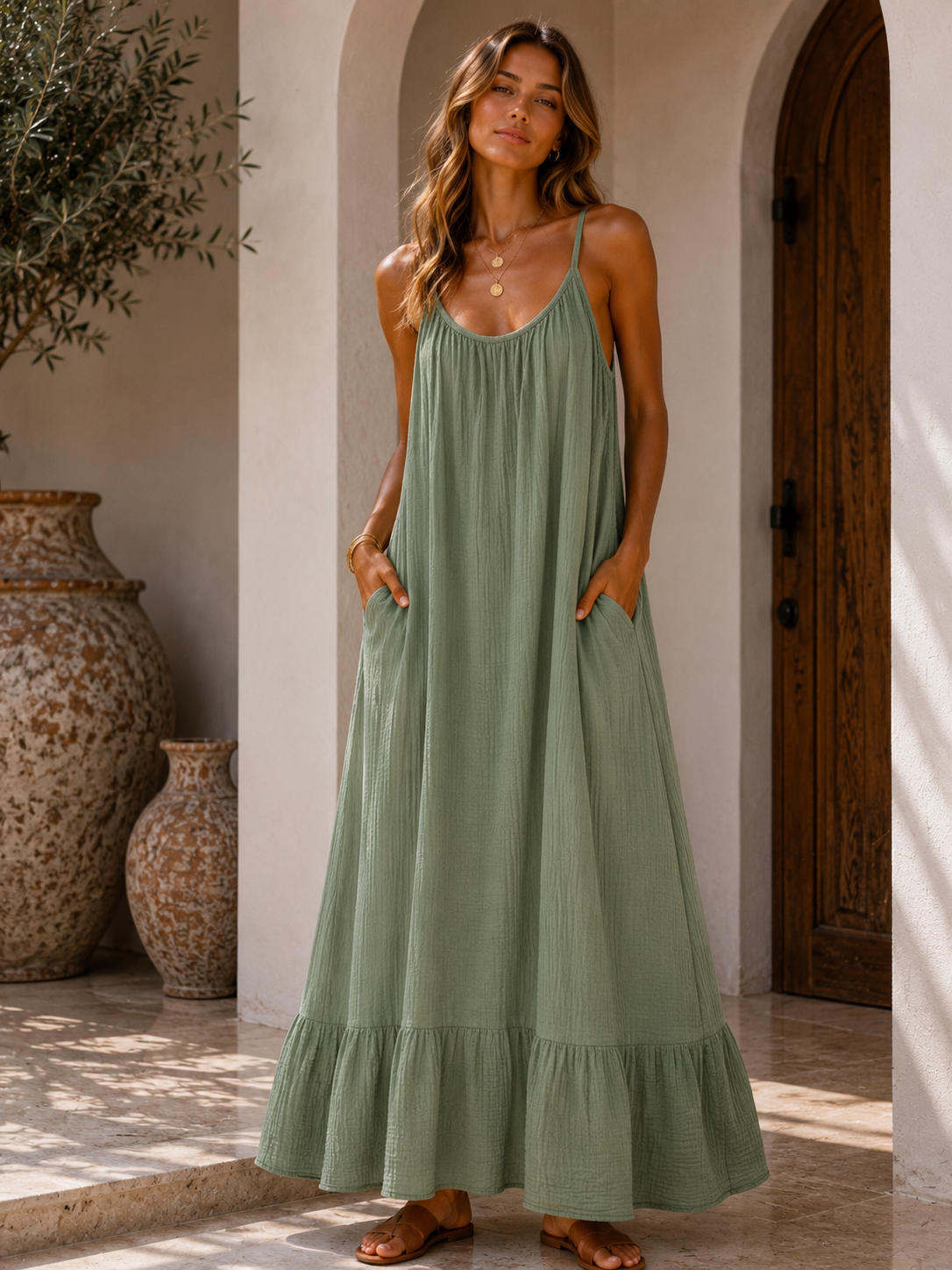 667 Robe longue bretelle gaze de coton