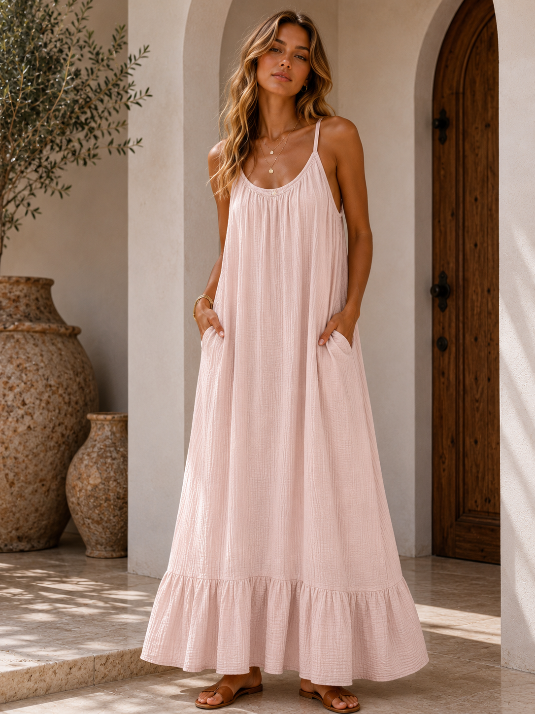 667 Robe longue bretelle gaze de coton