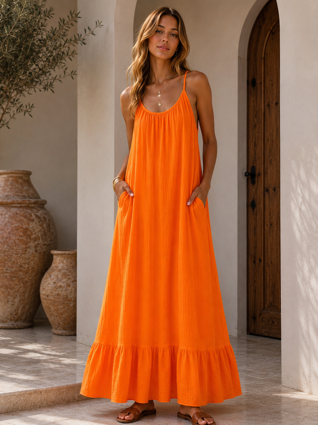 667 Robe longue bretelle gaze de coton