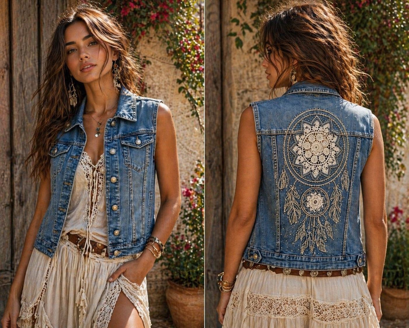 619 VESTE JEAN SANS MANCHE BRODÉE