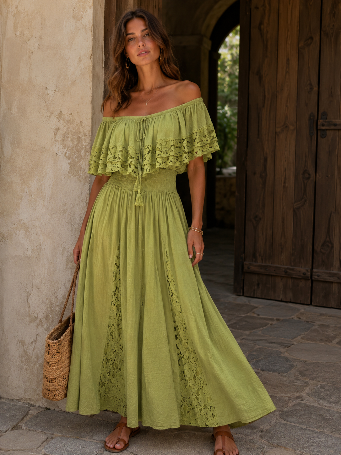 705 robe longue épaule dentelle