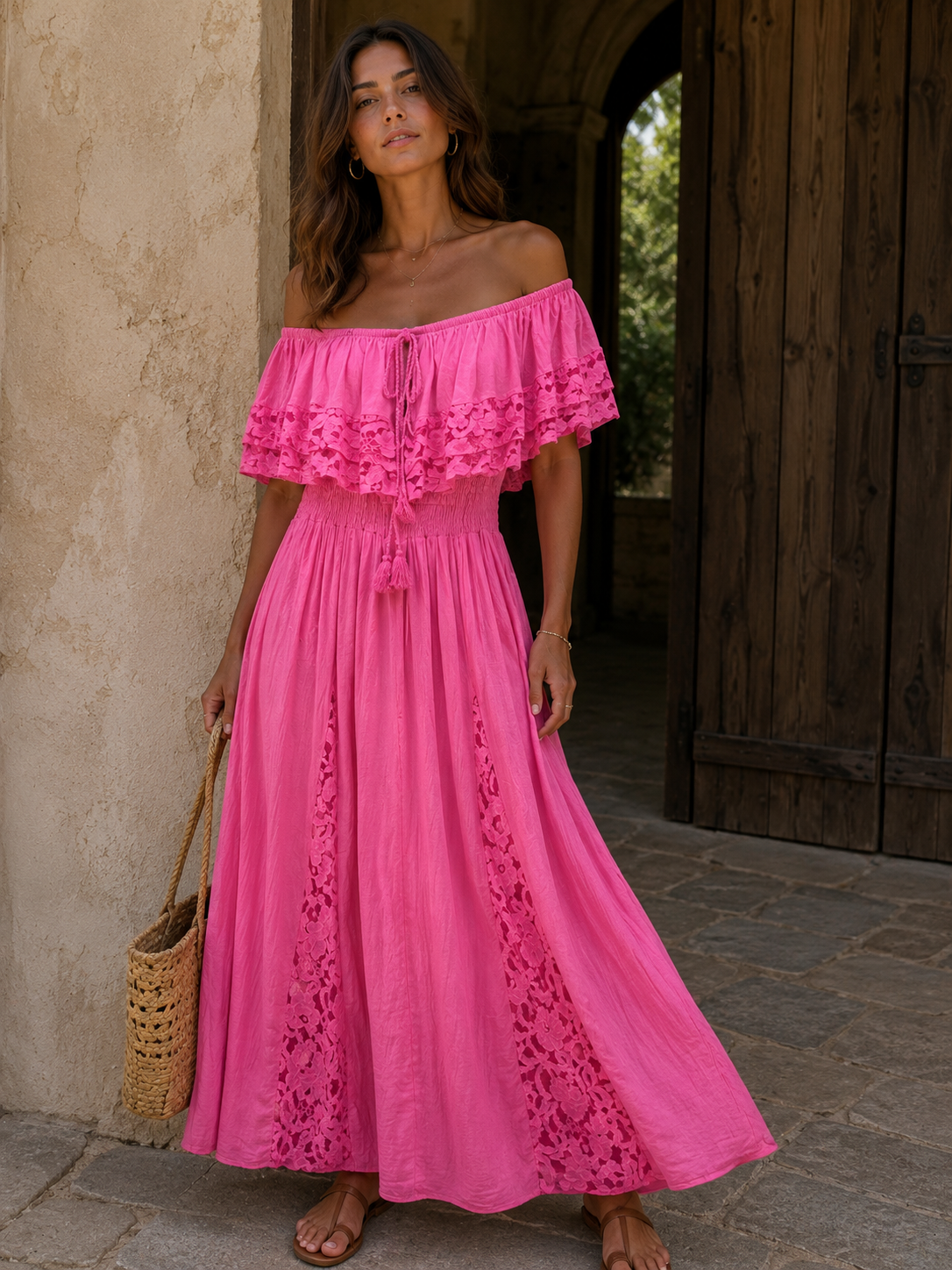 705 robe longue épaule dentelle