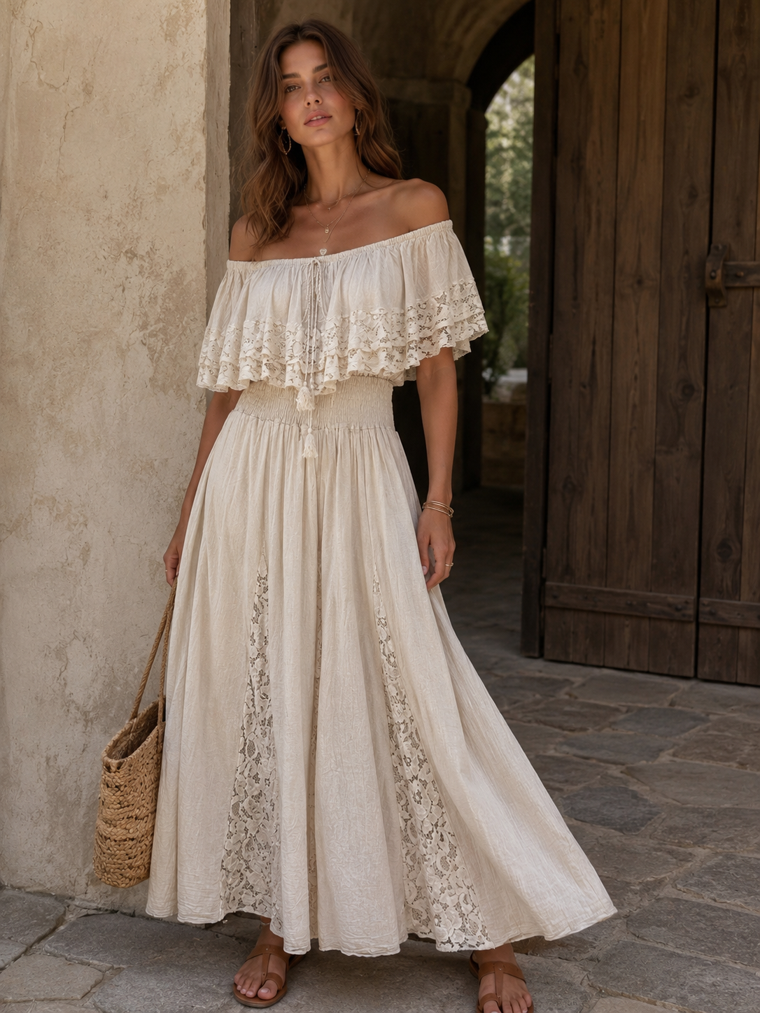 705 robe longue épaule dentelle