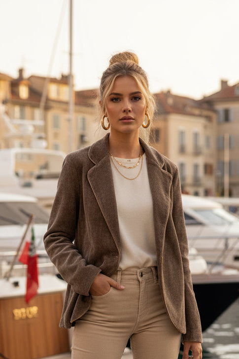 LUTECE veste velours avec un galon en simili cuir