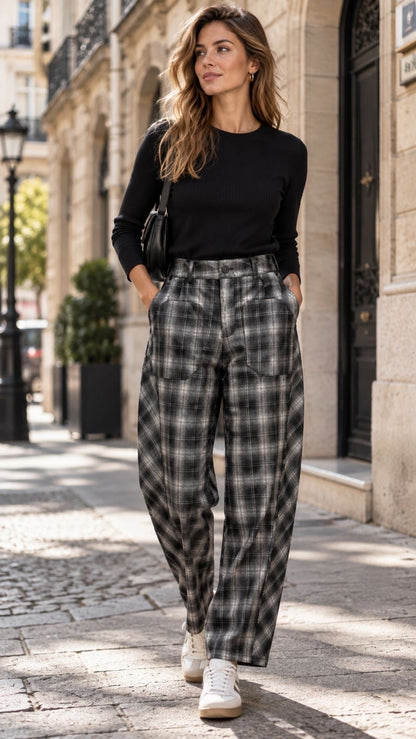 SOPHIA Pantalon à carreaux effet simili craquelé
